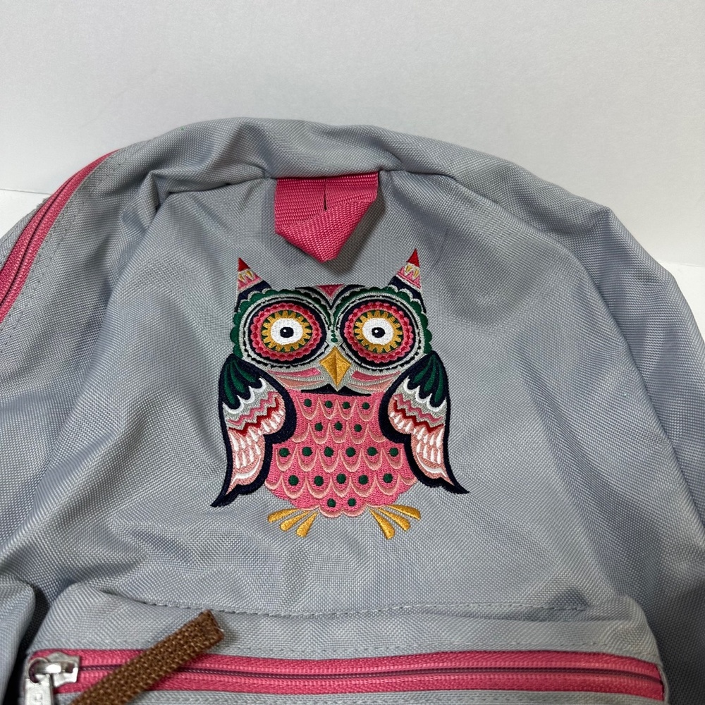 Hanna Andersson Embroidered Owl Flowers Full Size Backpack Gray Pink - Picture 3 of 12